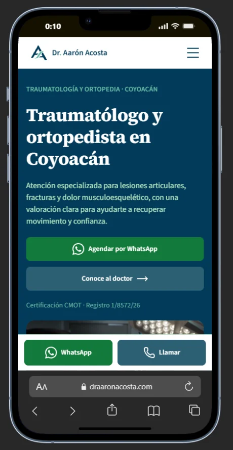 Página de inicio publicada del Dr. Aarón Acosta en teléfono